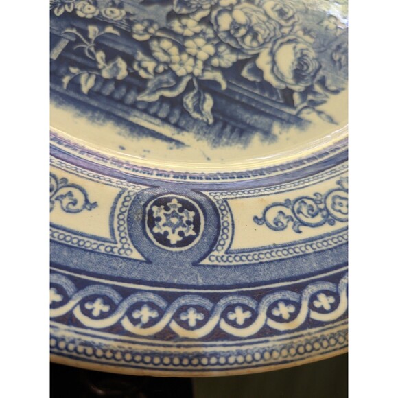 Antique Transferware Blue Plate 10" Peony Pinder Bourne & Co Burslem 1860s Urn - Picture 3 of 13
